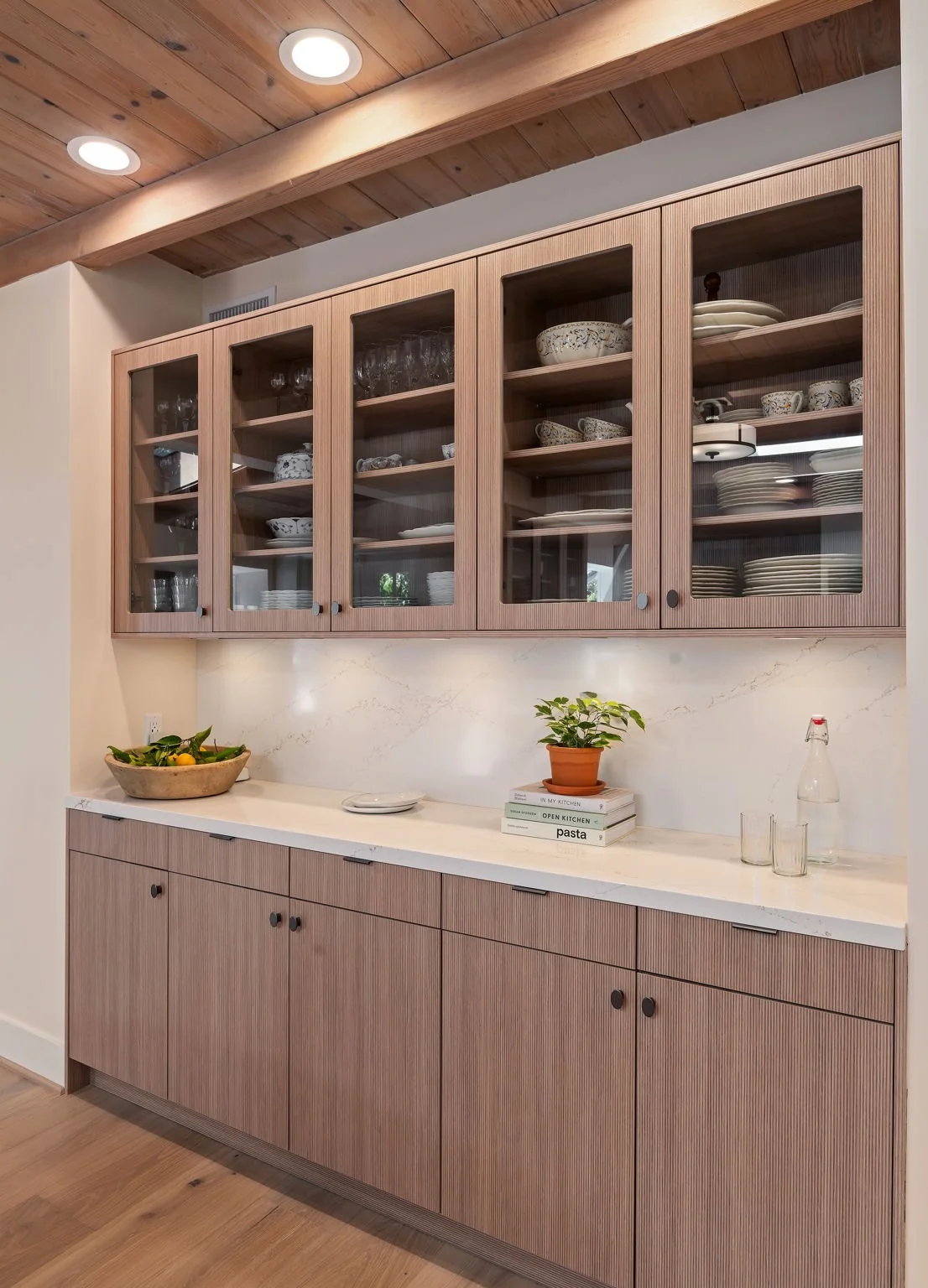 Butler's hutch with five glass-front uppers and drawer base, all Linear oak